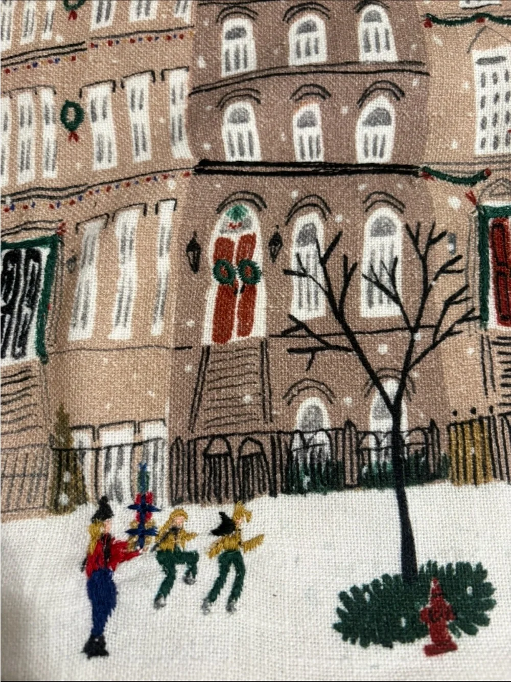 West Elm Embroidered Christmas Townhouse Lumbar Pillow Cover EUC Holiday Decor